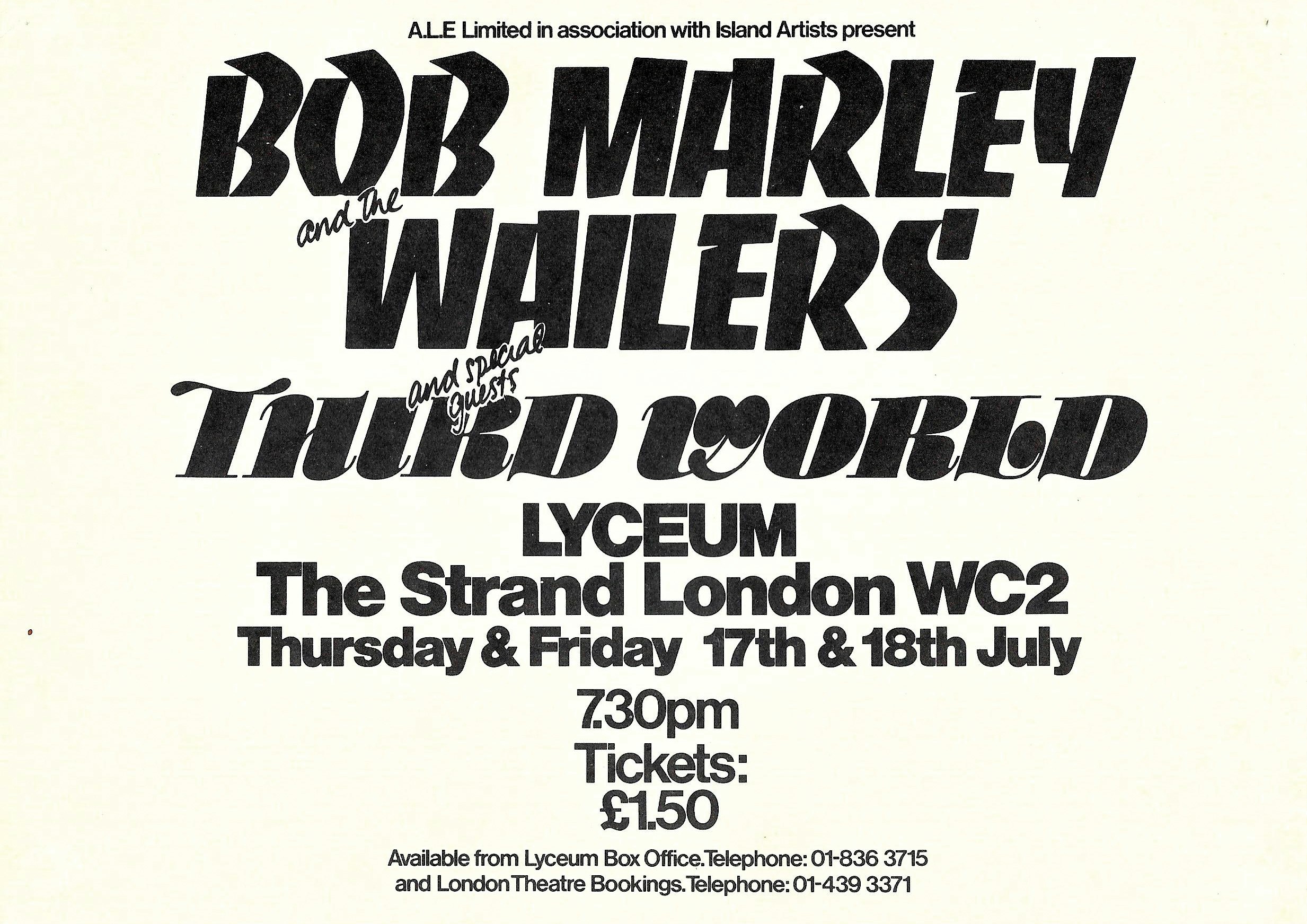Lyceum flyer and Holloway’s backstage pass (below) for the date he recorded Bob Marley and the Wailers’ Live! album. Courtesy of Jack Lowe Archive.